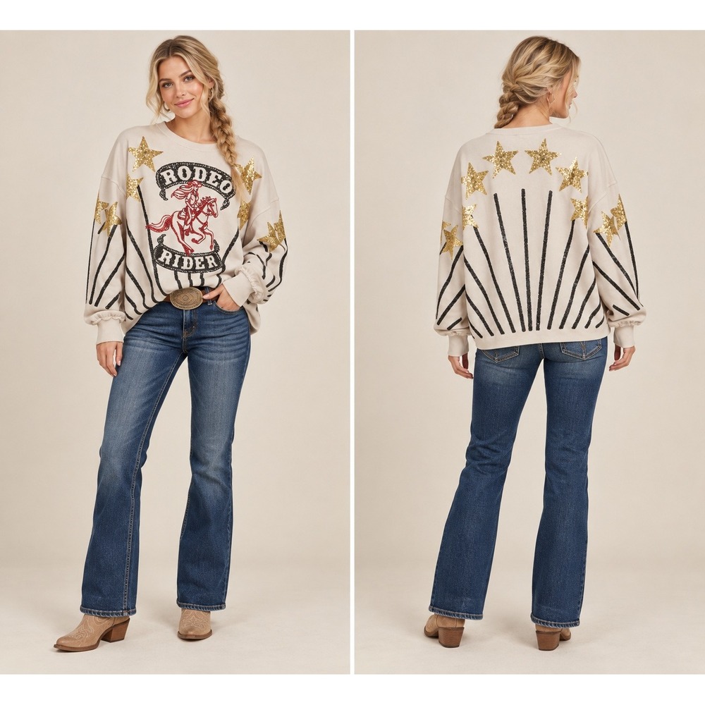 WesternChic Cowgirl Boho Rodeo Rider Sequin Cream Red Yellow Stars M Sweatshirt